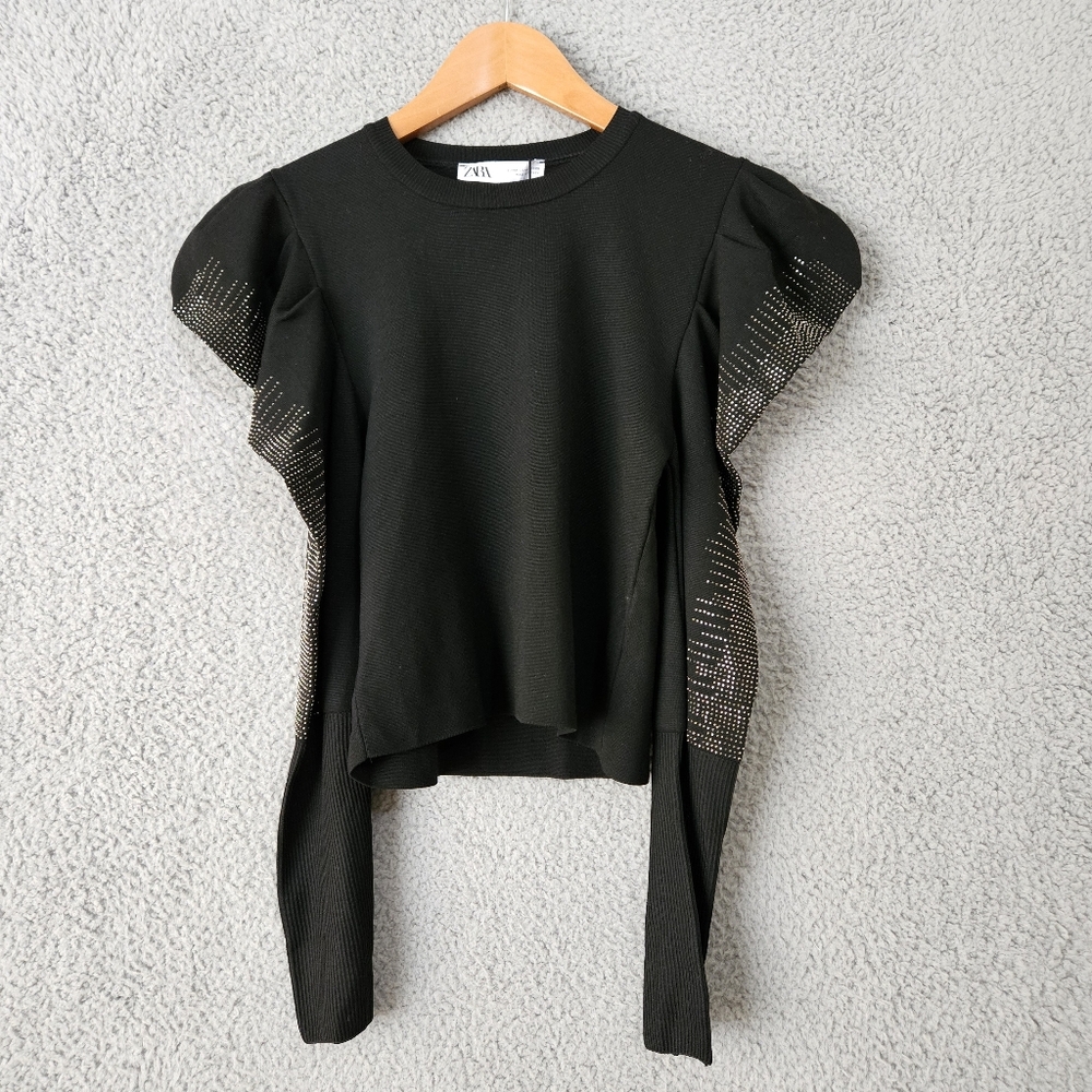 Zara Women's Black Sweater Medium Long Puff Sleeve Embellished Sparkly Knit Top - Picture 4 of 14